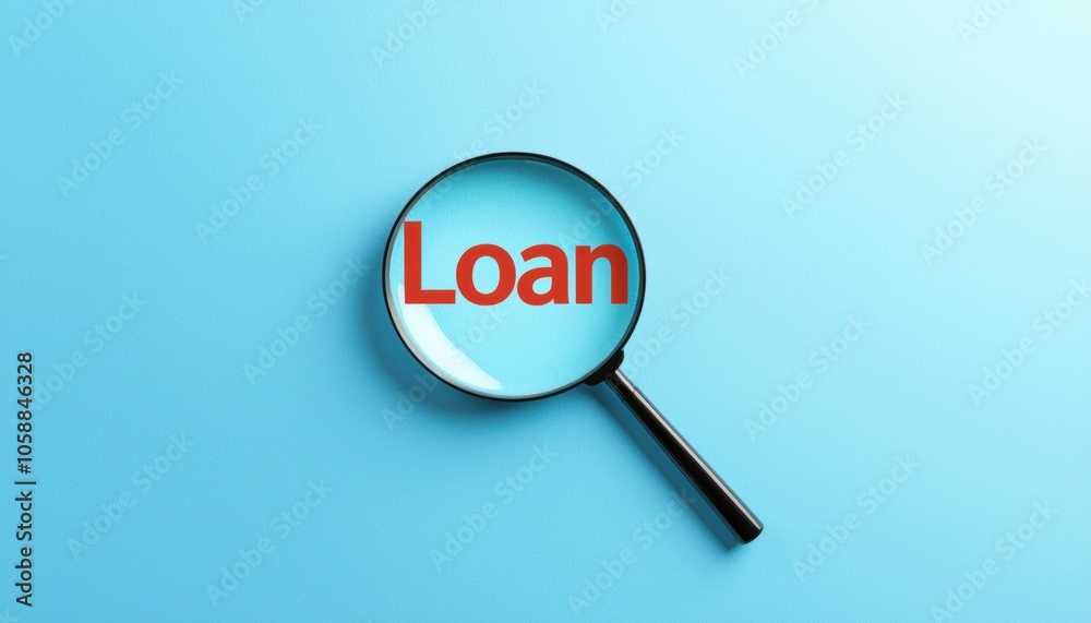 Magnifying glass focused on the word 'Loan' against a soft blue background. Magnifying glass focused on the word 'Loan' against a soft blue background.