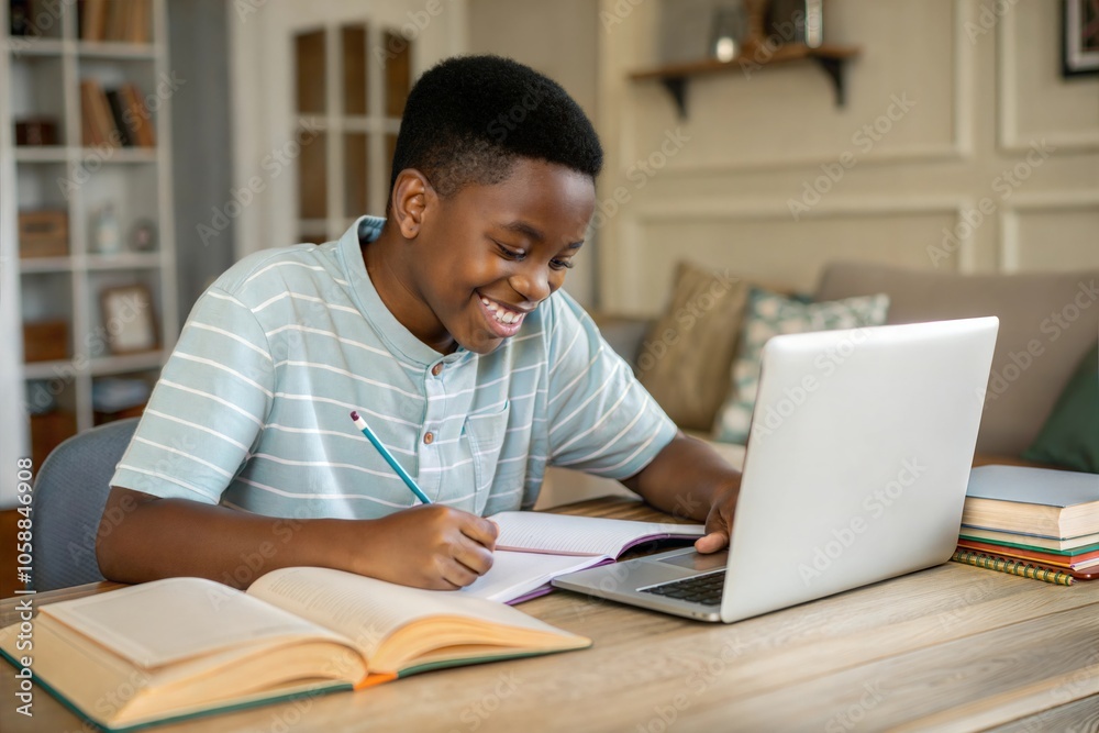 Teenage Student Studying on Laptop: Happy Young Man Learning Online with Technology







