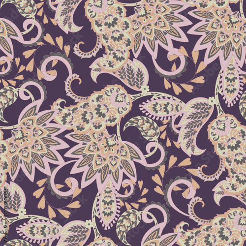 Gorgeous paisley seamless vector pattern with fantastic flowers and leaves. Bohemian textile print inspired by batik. Vintage style