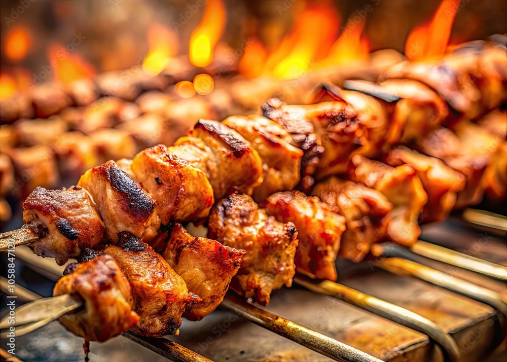 Close-up Tilt-Shift Photography of Juicy Pork Kebab Skewers Grilled to Perfection, Mouthwatering Fried Meat, Delicious BBQ, Tasty Skewers for Food Lovers and Grill Enthusiasts Close-up Tilt-Shift Photography of Juicy Pork Kebab Skewers Grilled to Perfection, Mouthwatering Fried Meat, Delicious BBQ, Tasty Skewers for Food Lovers and Grill Enthusiasts