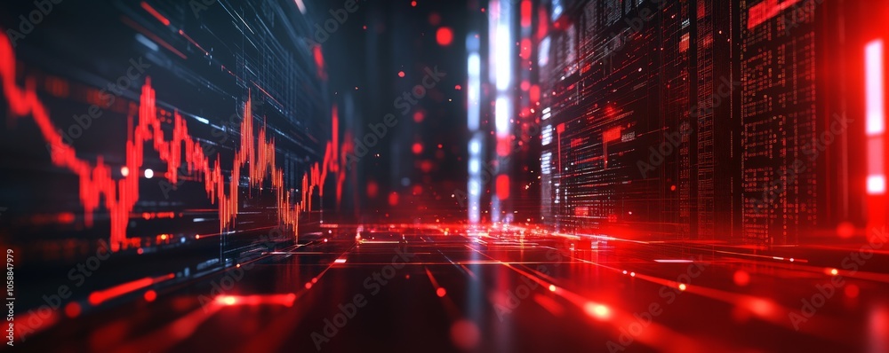 Naklejka premium Red glowing futuristic cityscape with data displays and glowing lines
