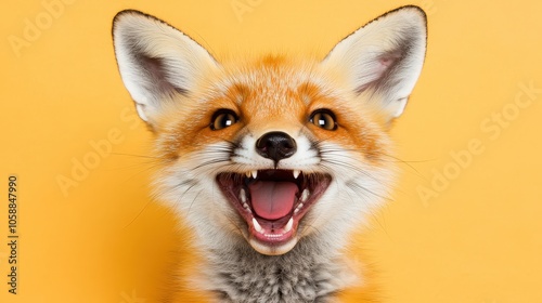 Adorable Red Fox Smiling with Open Mouth on Yellow Background