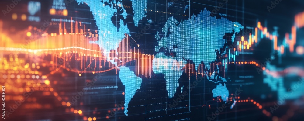 Fototapeta premium A Digital World Map with Overlaid Stock Market Charts
