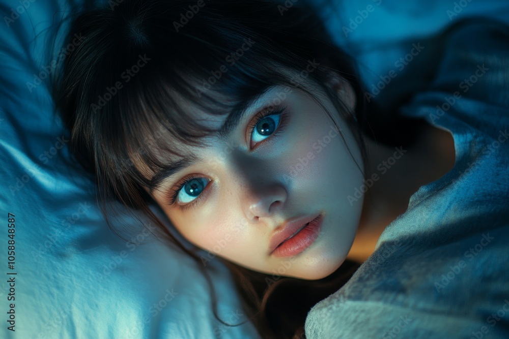 Anxiety disorder on insomnia woman concept, sleepless Woman open eye awakening on the bed at night time can't sleep from symptom of depression, Generative AI Anxiety disorder on insomnia woman concept, sleepless Woman open eye awakening on the bed at night time can't sleep from symptom of depression, Generative AI