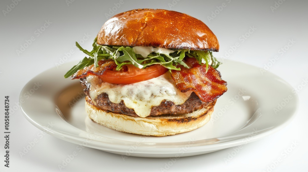 Delicious burger with bacon, cheese, tomato, and arugula on a gourmet bun. Delicious burger with bacon, cheese, tomato, and arugula on a gourmet bun.