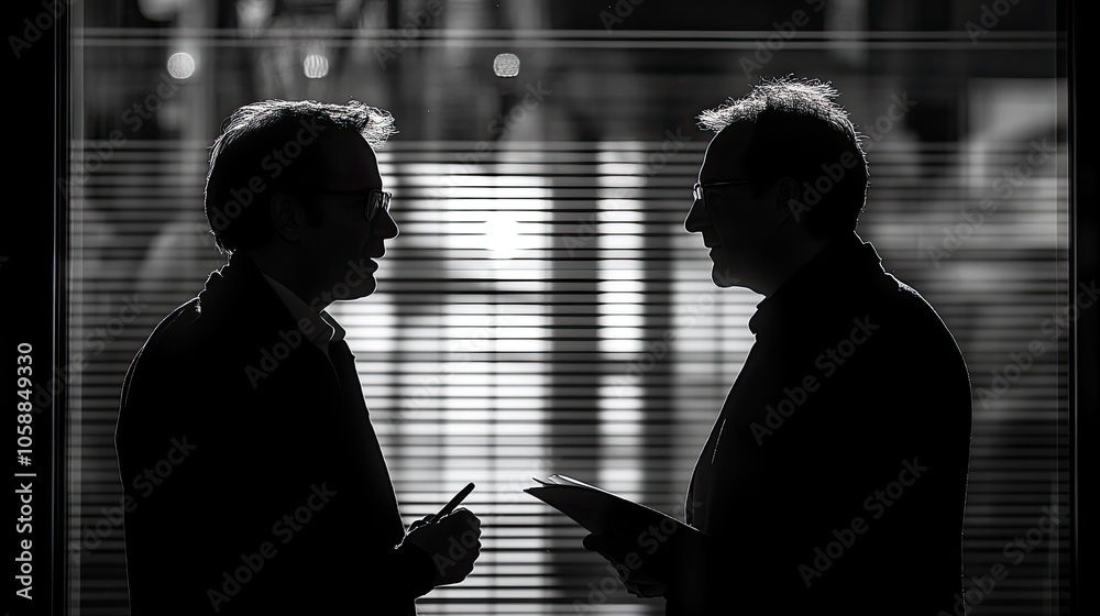 Silhouettes of two people talking, one holding pen and notebook, against blurred office background with copy space Silhouettes of two people talking, one holding pen and notebook, against blurred office background with copy space