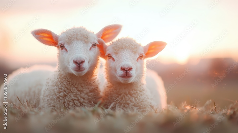 Obraz premium Two White Lambs Huddled Together at Sunset Adorable Farm Animals