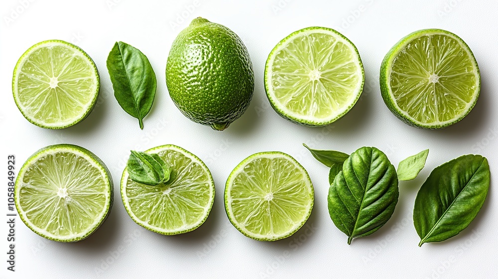 Slices of lime and green leaves are isolated on white background in top-down view Slices of lime and green leaves are isolated on white background in top-down view