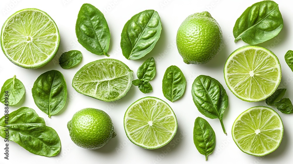 Slices of lime and green leaves are isolated on white background in top-down view Slices of lime and green leaves are isolated on white background in top-down view