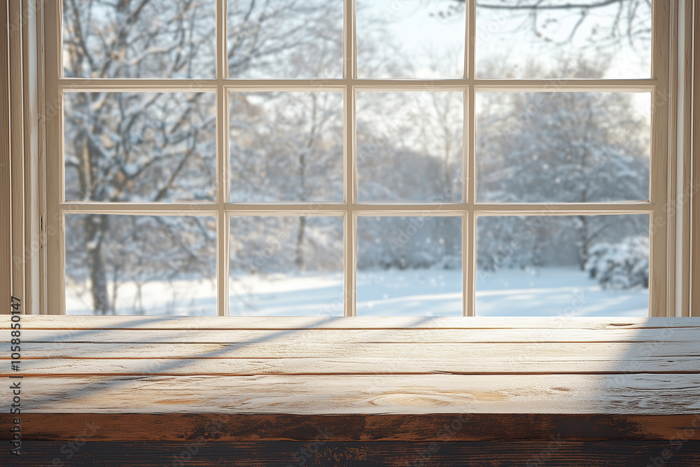 Naklejka premium Empty wooden table on winter window background