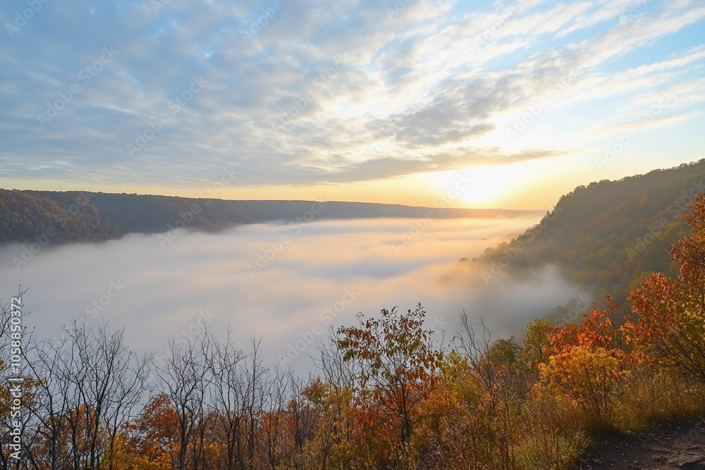 Sunrise over the misty river valley during autumn foliage Sunrise over the misty river valley during autumn foliage