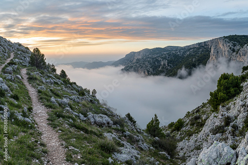 Scenic mountain trail at sunrise with misty valley below