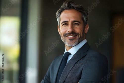 Smiling Corporate Leader with Gray Hair and Tie, Arms Crossed