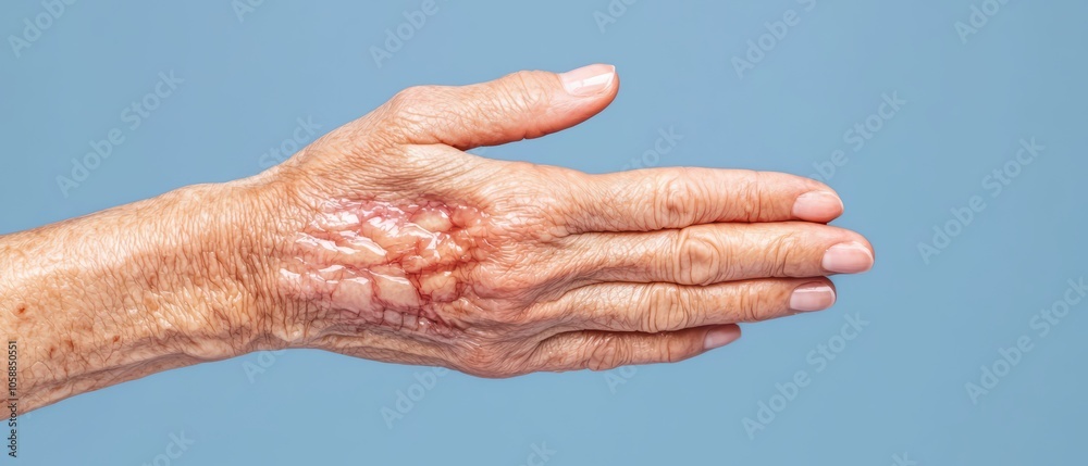 Fototapeta premium Elderly hand showing age and texture against a blue background.