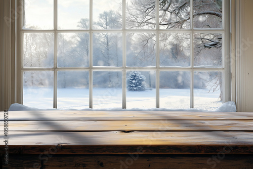 Empty wooden table on winter window background photo