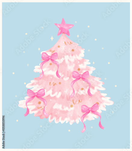 Coquette Christmas tree with pink ribbon bows Pastel watercolor hand painting