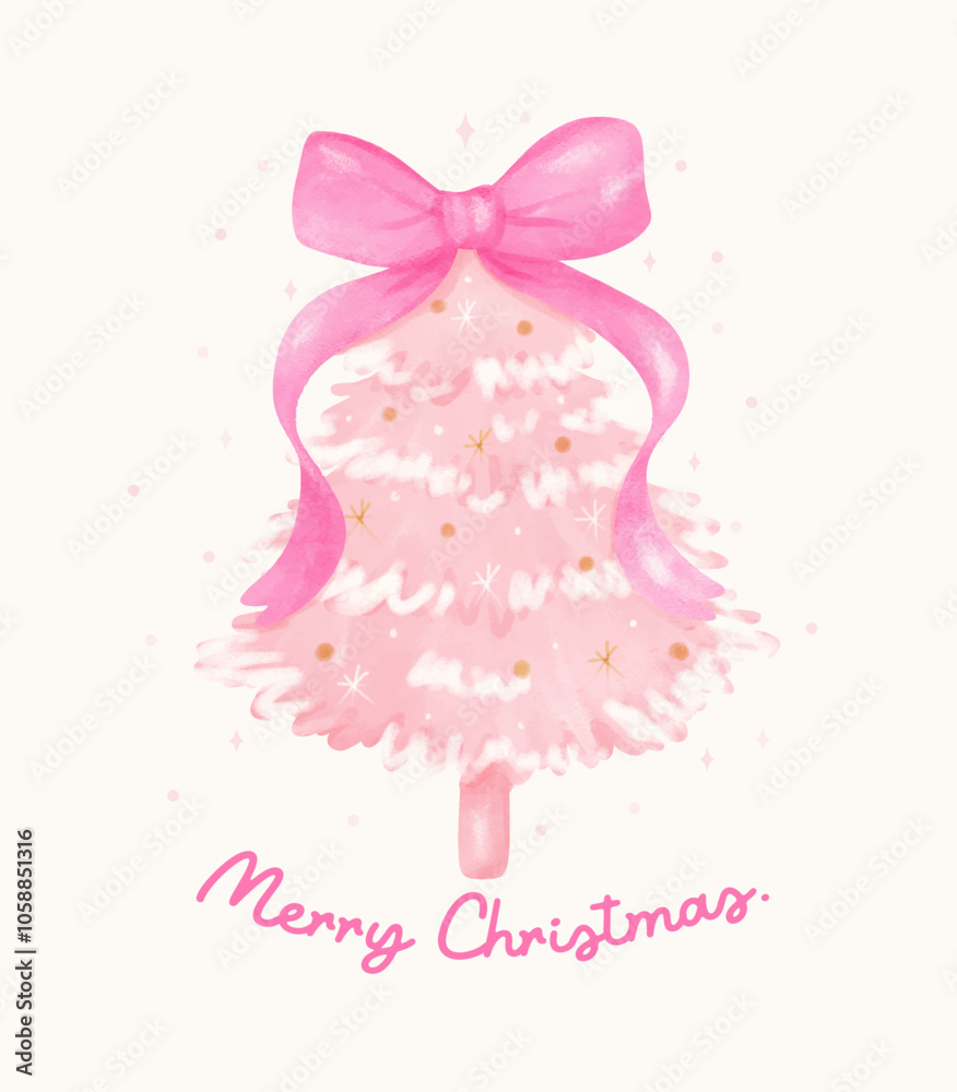 Pink Coquette Christmas tree with ribbon bows Pastel watercolor hand painting