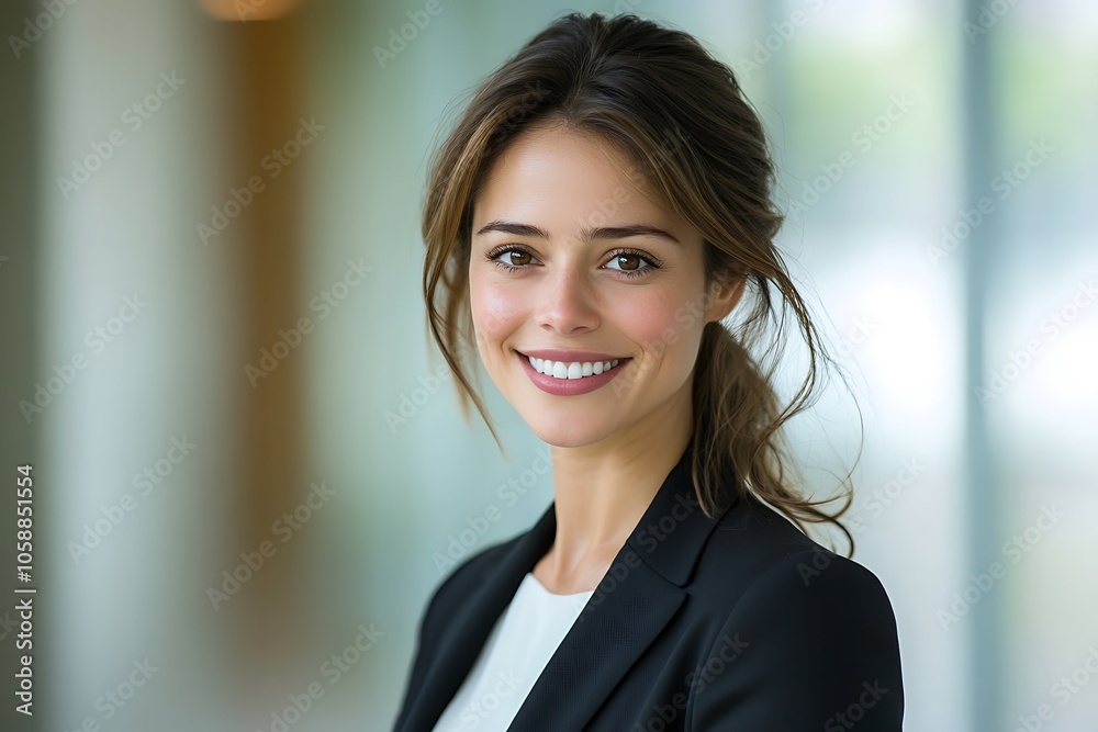 Smiling Female Entrepreneur with Long Brown Hair in Office Setting Smiling Female Entrepreneur with Long Brown Hair in Office Setting