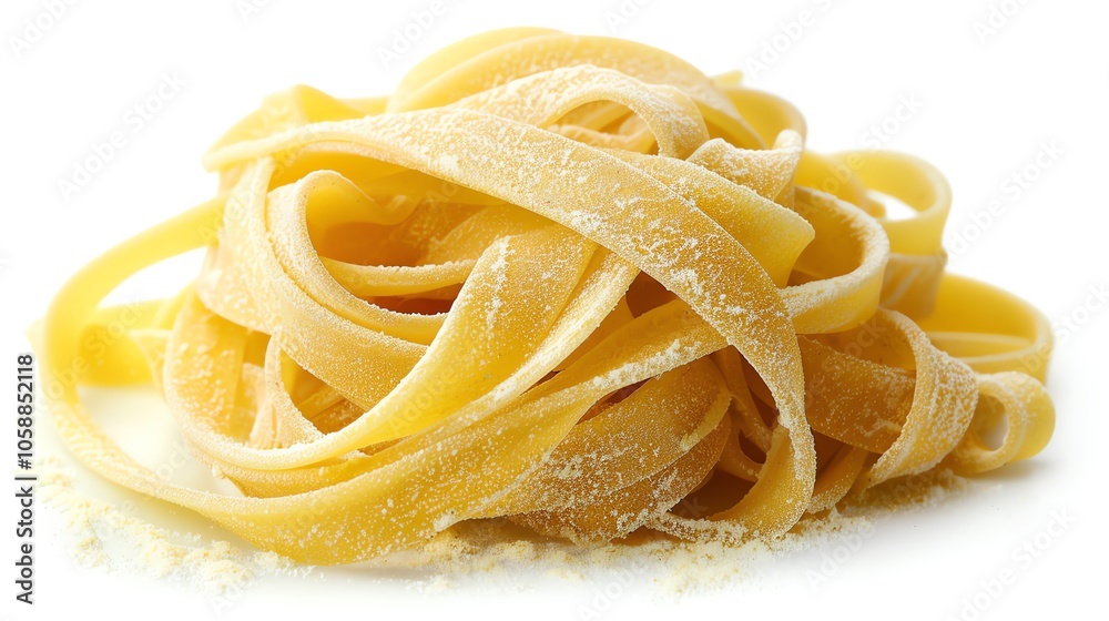 A pile of uncooked fettuccine pasta on a white background. A pile of uncooked fettuccine pasta on a white background.