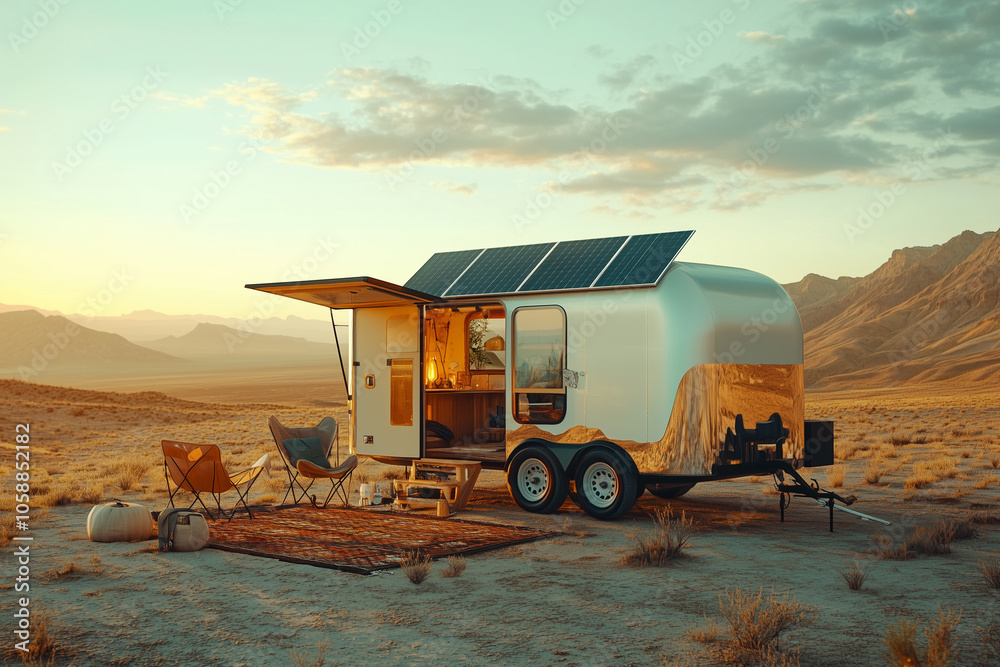 A minimalist tiny house parked on the edge of the desert with solar panels and a bohemian outdoor setting A minimalist tiny house parked on the edge of the desert with solar panels and a bohemian outdoor setting