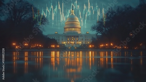 Stock market graph with the American flag and White House, reflecting US financial trends