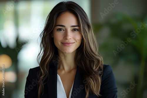 Smiling Female Executive with Long Brown Hair in Business Attire