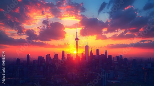 Iconic city skyline at sunset, travel destination, vibrant urban exploration