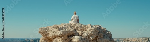 Man Contemplating on Mountain Peak Blue Sky Desert Landscape Back View Solitude Peace