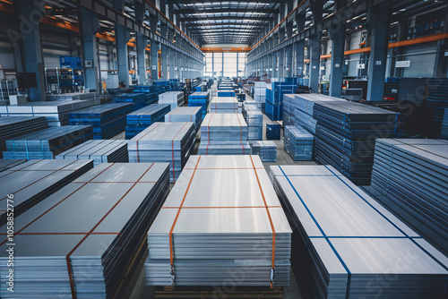  Modern Metal Sheet Factory: Rows of Steel Products Ready for Shipment. A vast, modern factory interior filled with neatly stacked rows of gleaming metal sheets.