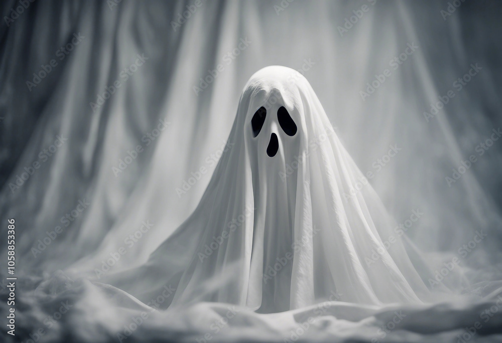 White scary ghost figure draped in white sheets with hollow black eyes Spooky Halloween atmosphere White scary ghost figure draped in white sheets with hollow black eyes Spooky Halloween atmosphere