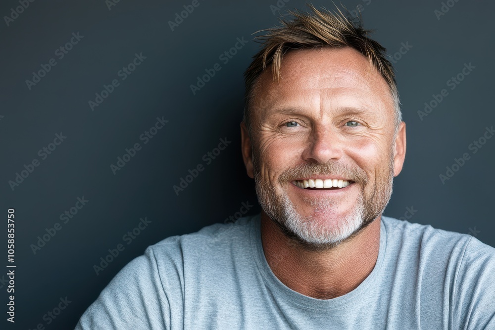 A middle-aged man, with a warm and genuine smile, exudes kindness and approachability against a simple, dark backdrop. A middle-aged man, with a warm and genuine smile, exudes kindness and approachability against a simple, dark backdrop.