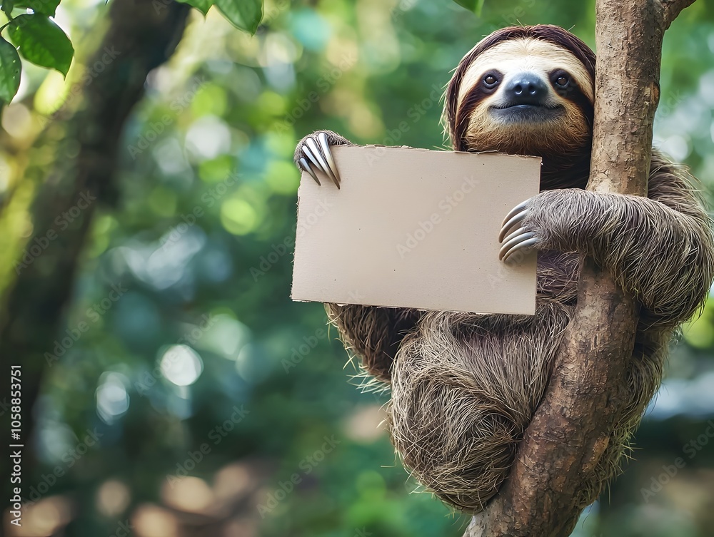 Fototapeta premium Sleepy Sloth Hanging from Tree Branch Holding Blank Cardboard Sign