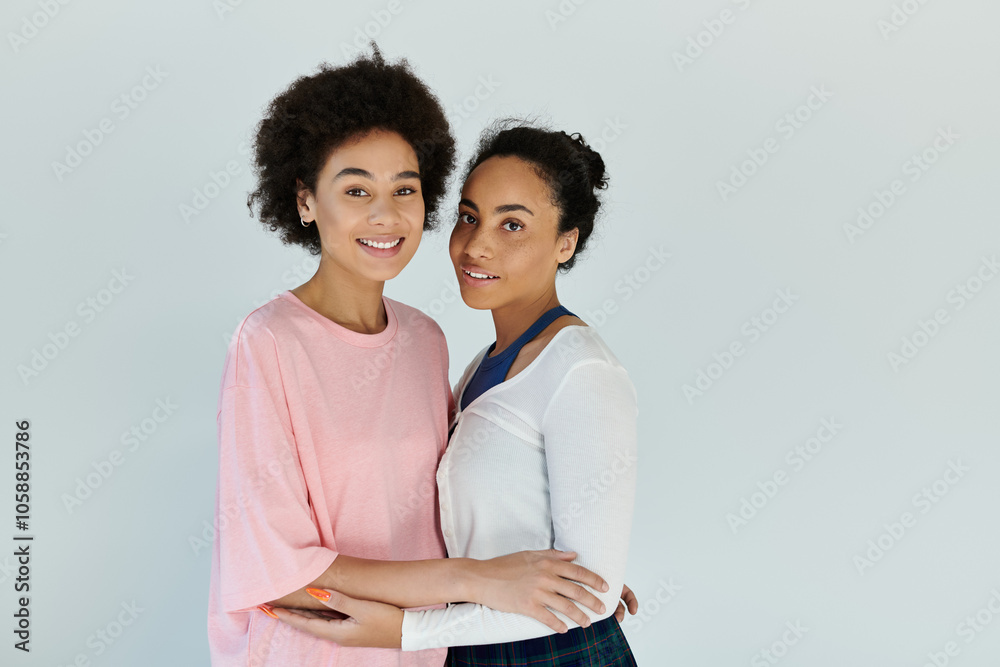 Two friends share a heartfelt moment, radiating joy and warmth in a soft lit space. Two friends share a heartfelt moment, radiating joy and warmth in a soft lit space.
