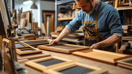 Craftsman working on picture frames in his workshop, carefully inspecting his work