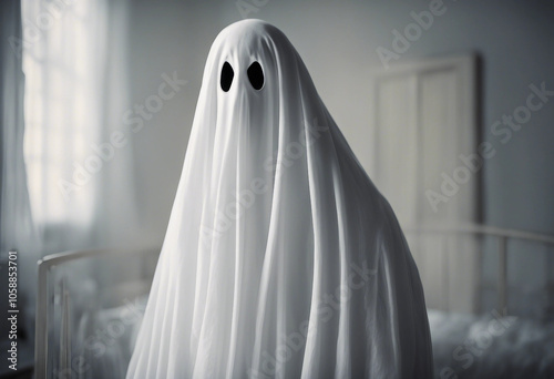 White scary ghost figure draped in white sheets with hollow black eyes Spooky Halloween atmosphere