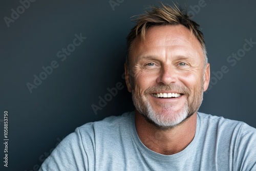 A middle-aged man, with a warm and genuine smile, exudes kindness and approachability against a simple, dark backdrop.