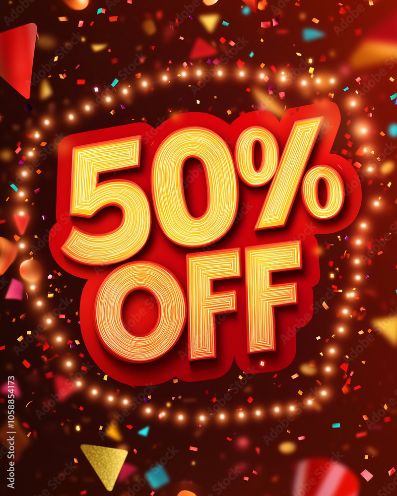 50% Off Sale Neon Sign with Confetti on Dark Background 50% Off Sale Neon Sign with Confetti on Dark Background