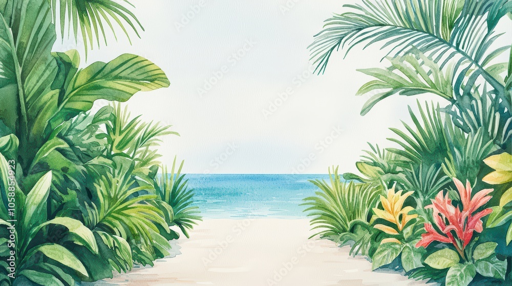 Fototapeta premium Tropical beach entrance with vibrant plants and a serene ocean view.