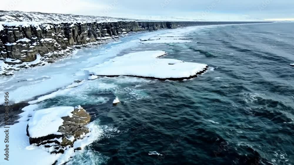 Snowy cliffs along a rugged coastline with choppy waves. Snowy cliffs along a rugged coastline with choppy waves.