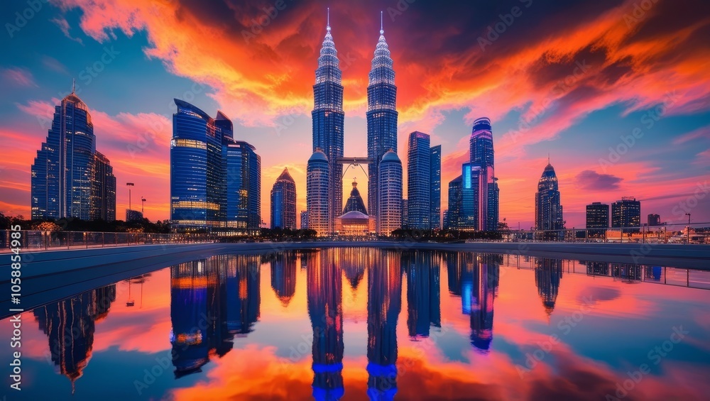 Fototapeta premium Skyline view with tall buildings and vivid sunset reflections in the river.