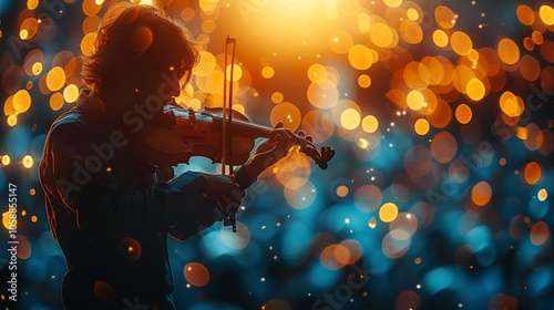 The violinist plays emotively while soft lights glow in the background, creating a captivating atmosphere at a live performance photo