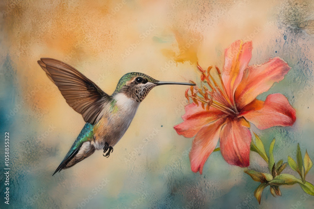 Naklejka premium Agile hummingbird sipping nectar from a flower.