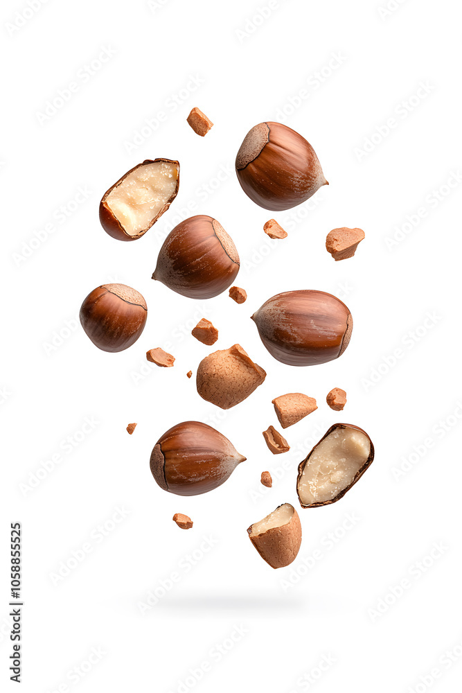 Floating pieces of roasted chestnuts, isolated on white background Floating pieces of roasted chestnuts, isolated on white background