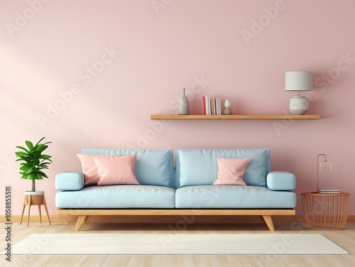 Modern interior living room design in pastel pink and blue colour photo