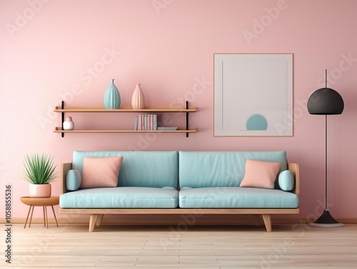 Modern interior living room design in pastel pink and blue colour photo