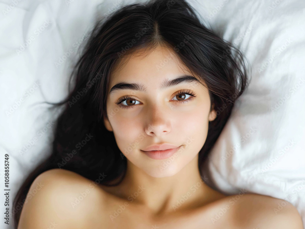 Portrait of a young woman lying in bed with a calm expression, black hair spread on a white pillow. The scene emphasizes beauty, peace, and relaxation. Portrait of a young woman lying in bed with a calm expression, black hair spread on a white pillow. The scene emphasizes beauty, peace, and relaxation.