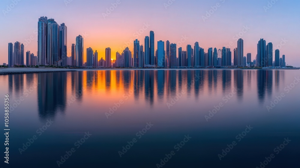 Obraz premium Modern City Skyline at Sunset with Water Reflection