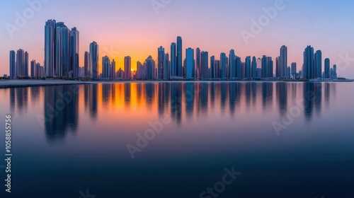Modern City Skyline at Sunset with Water Reflection