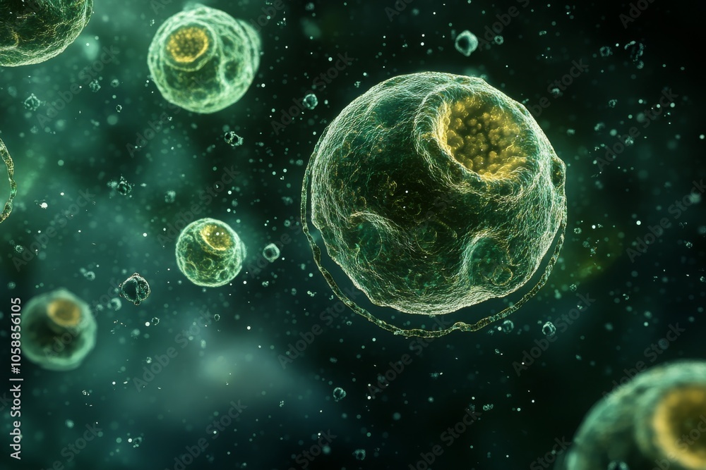 Microscopic view of green cells in division Microscopic view of green cells in division