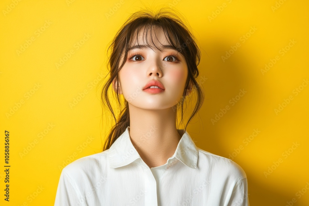 Cute asian young woman in white shirt casual look posing confidence folded arms isolated on yellow background in studio, Generative AI Cute asian young woman in white shirt casual look posing confidence folded arms isolated on yellow background in studio, Generative AI